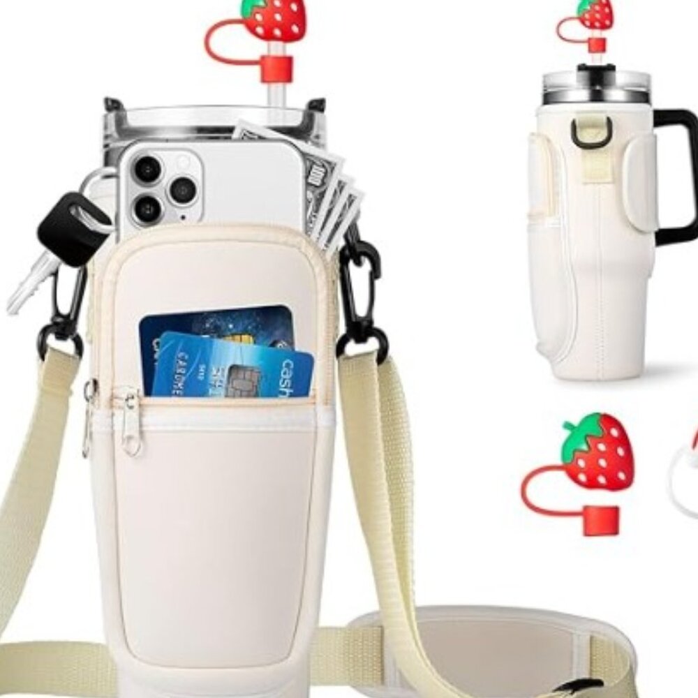 (Choose Your Color) Water Bottle or 40oz CUP CARRIER/Strap and FREE Straw Cover